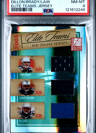 Tom Brady/Corey Dillon/Ty Law 2005 Donruss Elite Tams Triple Patch PSA8 NM-MT