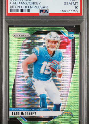 Ladd McConkey 2024 Panini Prizm #365 Neon Green Pulsar RC PSA10 GEM MT