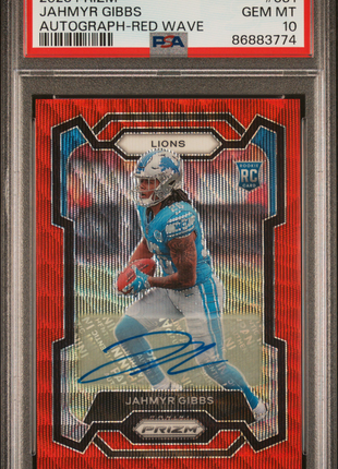 Jahmyr Gibbs 2023 Panini Prizm #331 Red Wave /149 RC Auto PSA10 GEM MT Lions