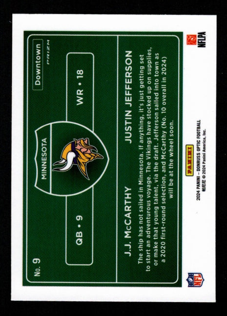 Justin Jefferson/J.J. McCarthy 2024 Donruss Optic #DT-9 Dual Downtown SSP RC