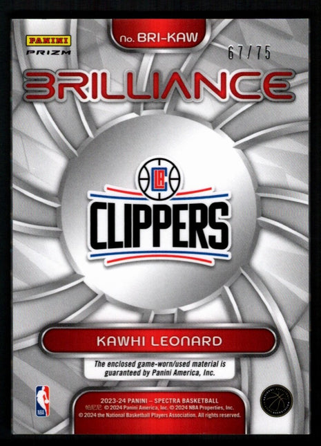 Kawhi Leonard 2023-24 Panini Spectra #BRI-KAW Brilliance /75 Game-Worn Patch