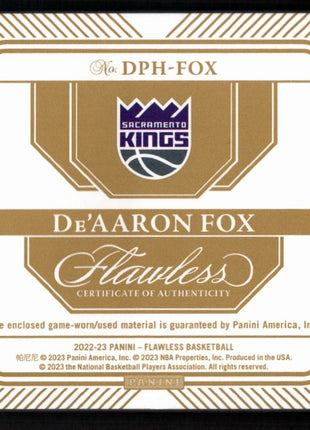 De'Aaron Fox 2022-23 Panini Flawless #DPH-FOX Dual Patch Game-Worn /10 Kings