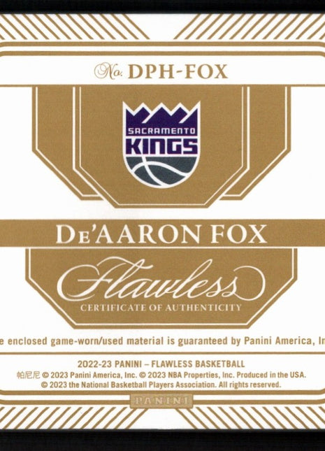 De'Aaron Fox 2022-23 Panini Flawless #DPH-FOX Dual Patch Game-Worn /10 Kings