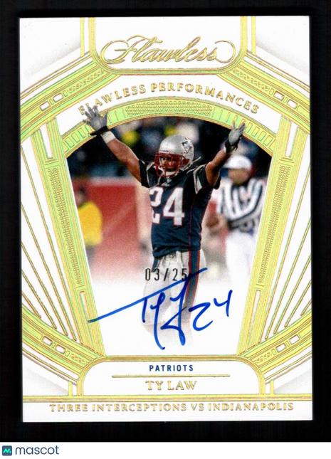 Ty Law 2024 Panini Flawless #FP-TLW Flawless Performances /25 Auto Patriots