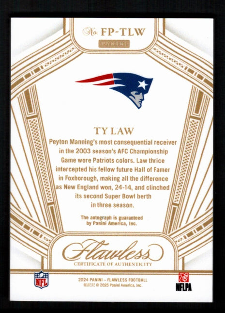 Ty Law 2024 Panini Flawless #FP-TLW Flawless Performances /25 Auto Patriots