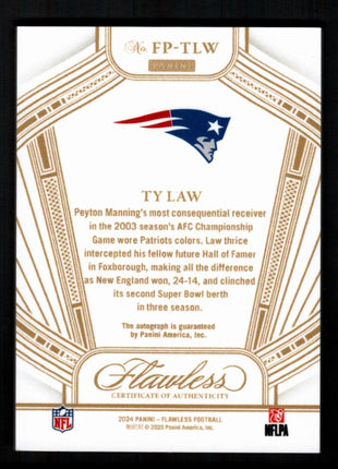 Ty Law 2024 Panini Flawless #FP-TLW Flawless Performances /25 Auto Patriots