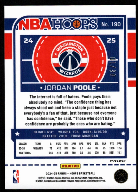 Jordan Poole 2024-25 Panini NBA Hoops #190 Gold Prizm /10 Wizards