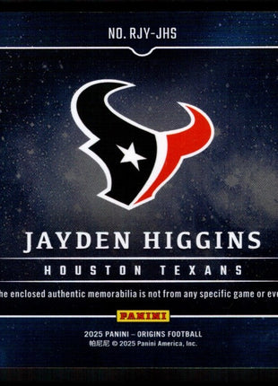Jayden Higgins 2025 Panini Origins #RJV-JHS Orange /75 Rookie Patch Auto Texans