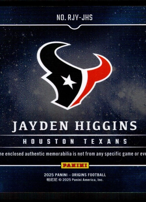 Jayden Higgins 2025 Panini Origins #RJV-JHS Orange /75 Rookie Patch Auto Texans