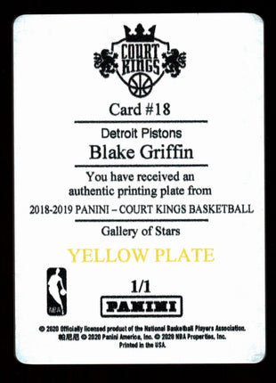 Blake Griffin 2018-19 Panini Court Kings #18 Yellow Printing Plate 1/1 Pistons