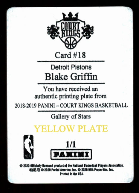 Blake Griffin 2018-19 Panini Court Kings #18 Yellow Printing Plate 1/1 Pistons