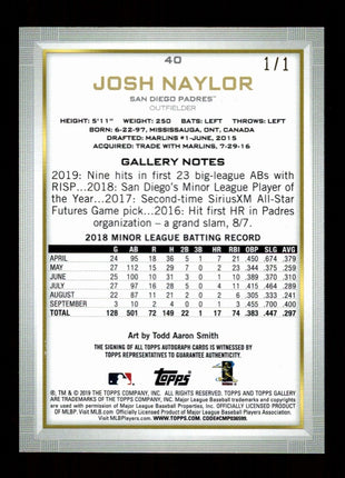 Josh Naylor 2019 Topps Gallery #40 Red Autographs 1/1 Rookie RC Auto Padres