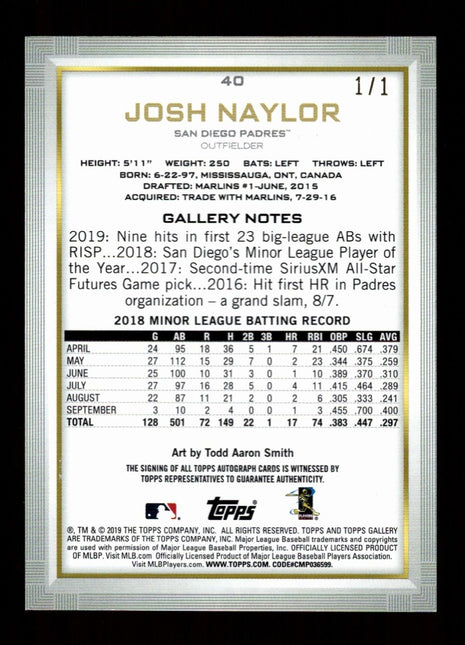 Josh Naylor 2019 Topps Gallery #40 Red Autographs 1/1 Rookie RC Auto Padres