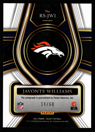 Javonte Williams 2021 Panini Select #RS-JWI Maroon Rookie Signatures /60 RC Auto
