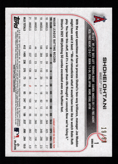 Shohei Ohtani 2022 Topps Series 1 #1 Vintage Stock /99 Batting Angels