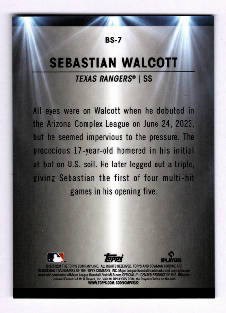 Sebastian Walcott 2024 Bowman Chrome #BS-7 Aqua Spotlight /125 SSP Texas Rangers
