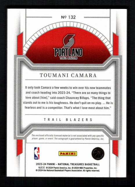 Toumani Camara 2023-24 Panini National Treasures #132 Rookie Patch /25 RC Auto