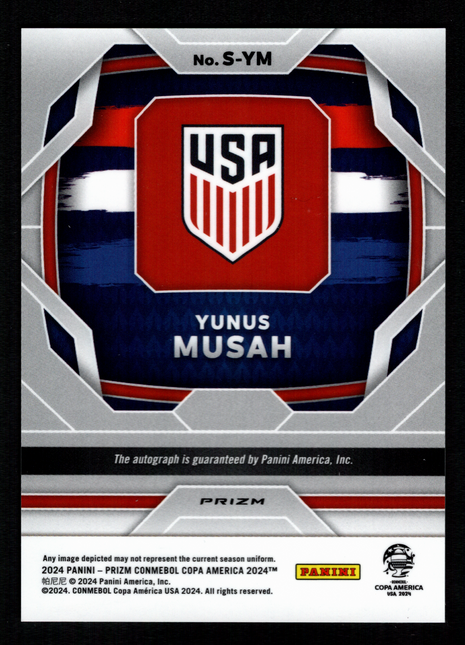 Yunus Musah 2024 Panini Prizm Copa America #S-YM Silver Pulsar Auto