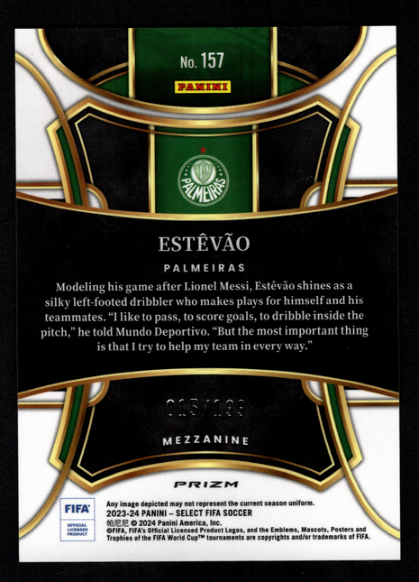 Estêvão 2023-24 Panini Select FIFA Mezzanine #157 Pink Mojo /199 RC Palmeiras