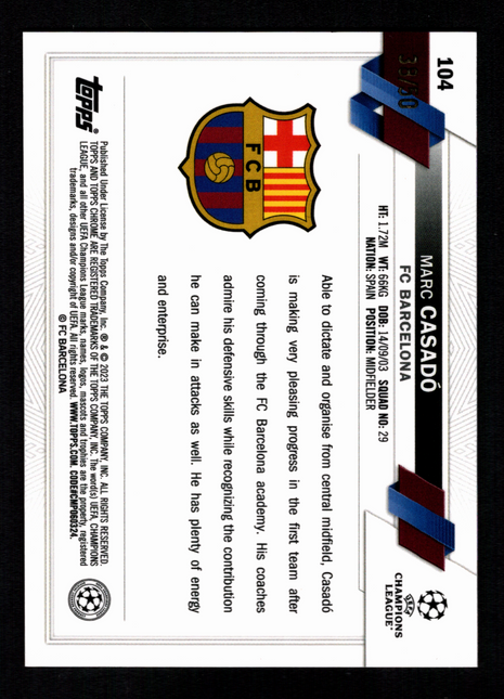 Marc Casadó 2023 Topps Chrome Sapphire #104 Orange Refractor /50 RC FC Barcelona
