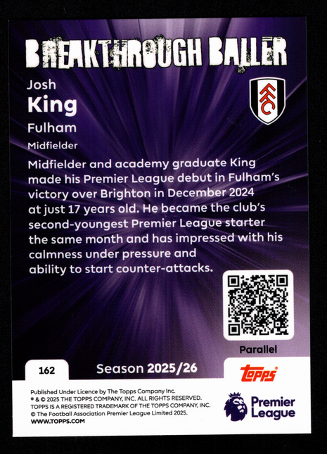 Josh King 2025 Topps Premier League #162 Breakthrough Baller Gold /40 Rookie RC