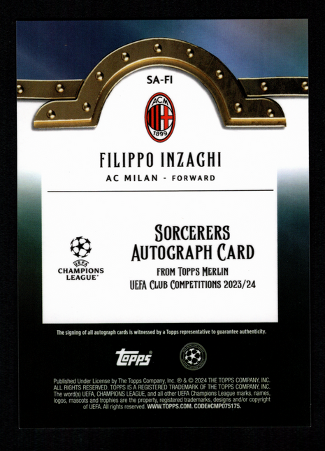 Filippo Inzaghi 2023-24 Topps Merlin UEFA CC #SA-FI Sorcerers Orange /25 Auto