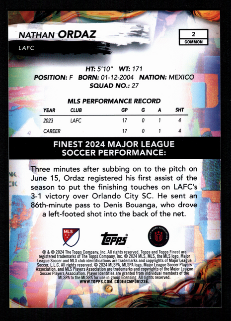 Nathan Ordaz 2024 Topps Finest #2 Orange Refractor /50 Rookie RC LAFC