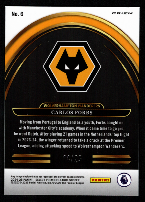 Carlos Forbs 2024-25 Panini Select P/L #6 Future Pink Prizm /25 Wolverhampton