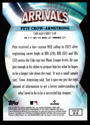 Pete Crow-Armstrong 2024 Topps Finest #A-5 Arrivals Blue Refractor /99 RC Cubs