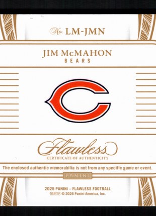 Jim McMahon 2025 Panini Flawless #JMN Legendary Materials /15 Laundry Tag Bears