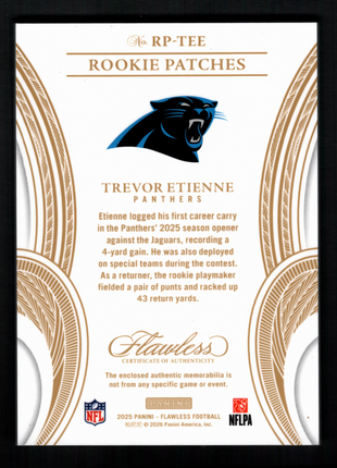 Trevor Etienne 2025 Panini Flawless #RP-TEE Gold /25 Rookie Patch RC Panthers