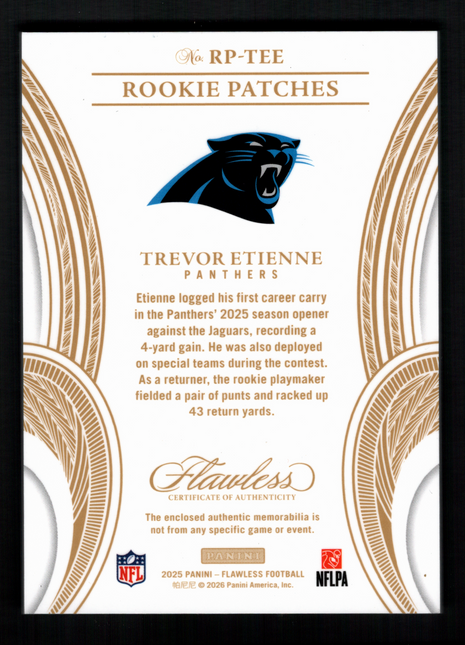 Trevor Etienne 2025 Panini Flawless #RP-TEE Gold /25 Rookie Patch RC Panthers