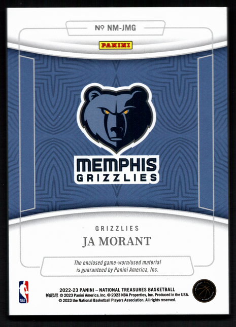 Ja Morant 2022-23 Panini National Treasures #NM-JMG Game-Worn /99 Patch