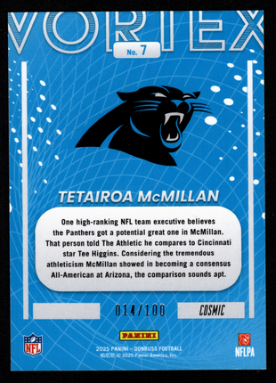 Tetairoa McMillan 2025 Panini Donruss Vortex #7 Cosmic /100 Rookie RC Panthers