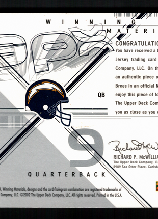 Drew Brees 2002 Upper Deck SPx #WM-DW Winning Materials Game-Worn Patch Chargers