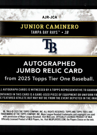 Junior Caminero 2025 Topps Tier One #AJR-JCA Game-Used Jumbo Relic /199 Auto