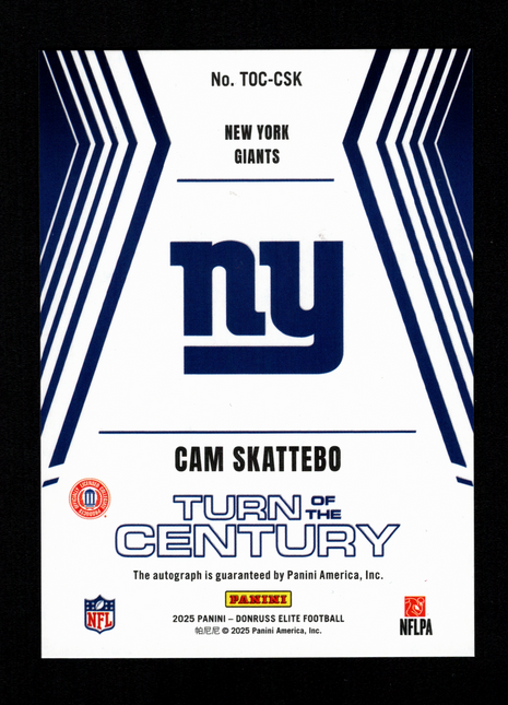 Cam Skattebo 2025 Panini Donruss Elite #TOC-CSK Turn of the Century /499 RC Auto