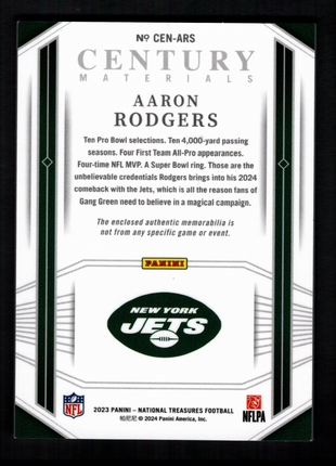 Aaron Rodgers 2023 Panini National Treasures Century Materials /25 Patch Jets