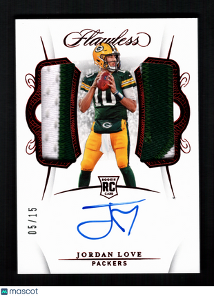 Jordan Love 2020 Panini Flawless #RDPA-JL Ruby /15 Dual Rookie Patch RC Auto