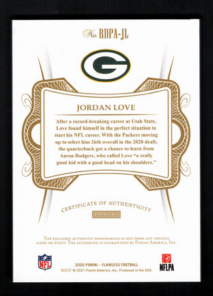 Jordan Love 2020 Panini Flawless #RDPA-JL Ruby /15 Dual Rookie Patch RC Auto