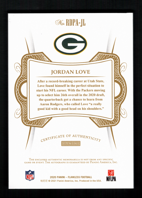 Jordan Love 2020 Panini Flawless #RDPA-JL Ruby /15 Dual Rookie Patch RC Auto