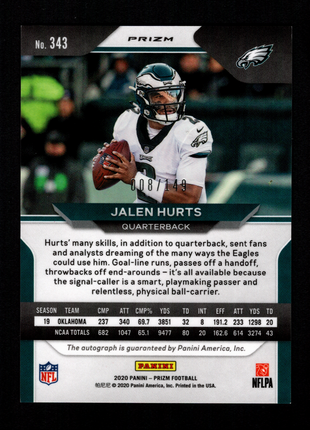 Jalen Hurts 2020 Panini Prizm #343 Red Wave /149 Rookie RC Auto Eagles