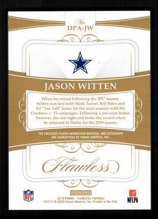 Jason Witten 2020 Panini Flawless #DPA-JW Gold /15 Dual Patch Auto Cowboys