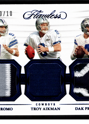 Troy Aikman/Tony Romo/Dak Prescott 2020 Panini Flawless Blue /10 Triple Patch