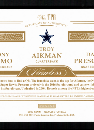 Troy Aikman/Tony Romo/Dak Prescott 2020 Panini Flawless Blue /10 Triple Patch