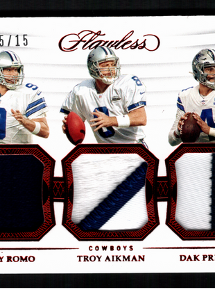 Troy Aikman/Tony Romo/Dak Prescott 2020 Panini Flawless Ruby /15 Triple Patch