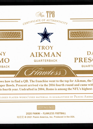Troy Aikman/Tony Romo/Dak Prescott 2020 Panini Flawless Ruby /15 Triple Patch