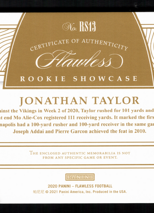 Jonathan Taylor 2020 Panini Flawless #RS13 Rookie Showcase Quad /20 RC Colts