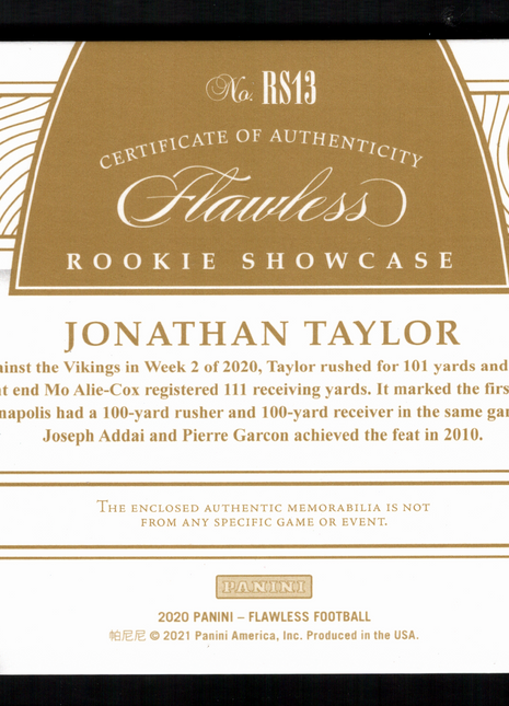 Jonathan Taylor 2020 Panini Flawless #RS13 Rookie Showcase Quad /20 RC Colts
