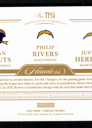 Justin Herbert/Philip Rivers 2020 Panini Flawless #TP15 Triple Patch /25 Gold